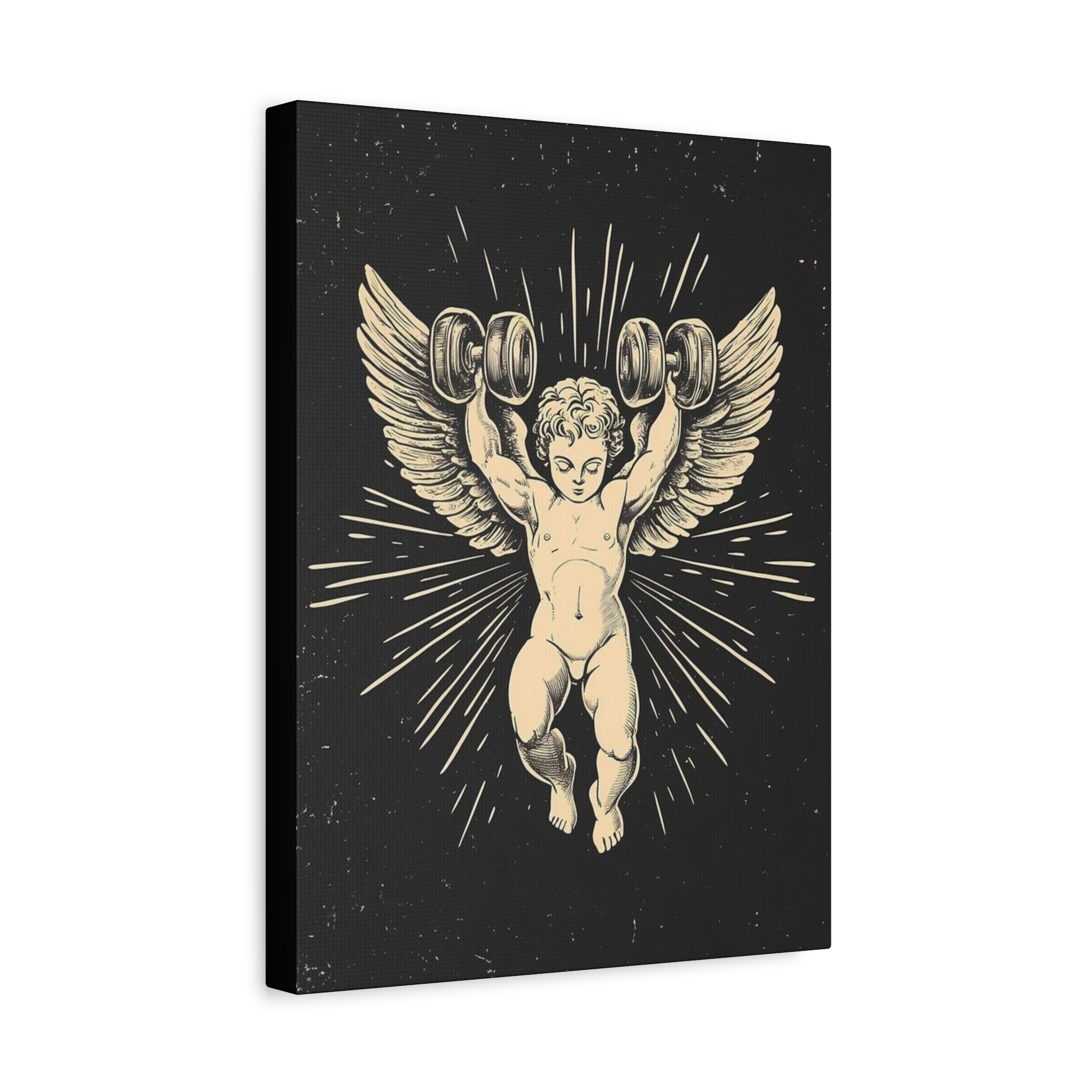 Angel Lifting Weights Matte Canvas Print — Vintage Cherub Fitness Wall Art