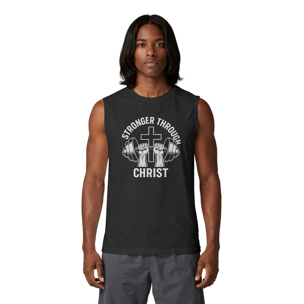 Christian Fitness Muscle Tank — "Stronger Through Christ" Gym Shirt