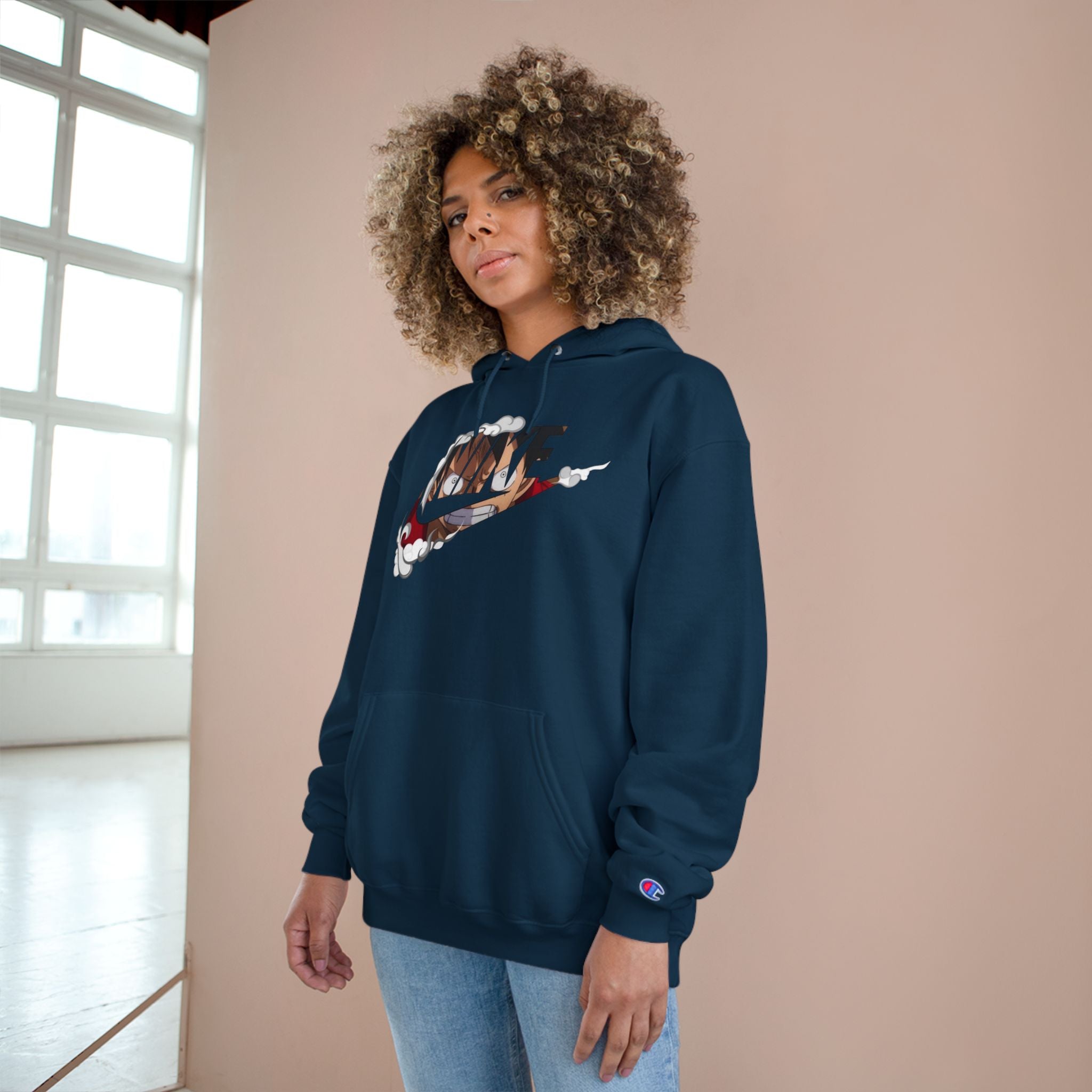 One Piece Luffy Champion Hoodie — White Pullover with Vintage Sports Graphic
