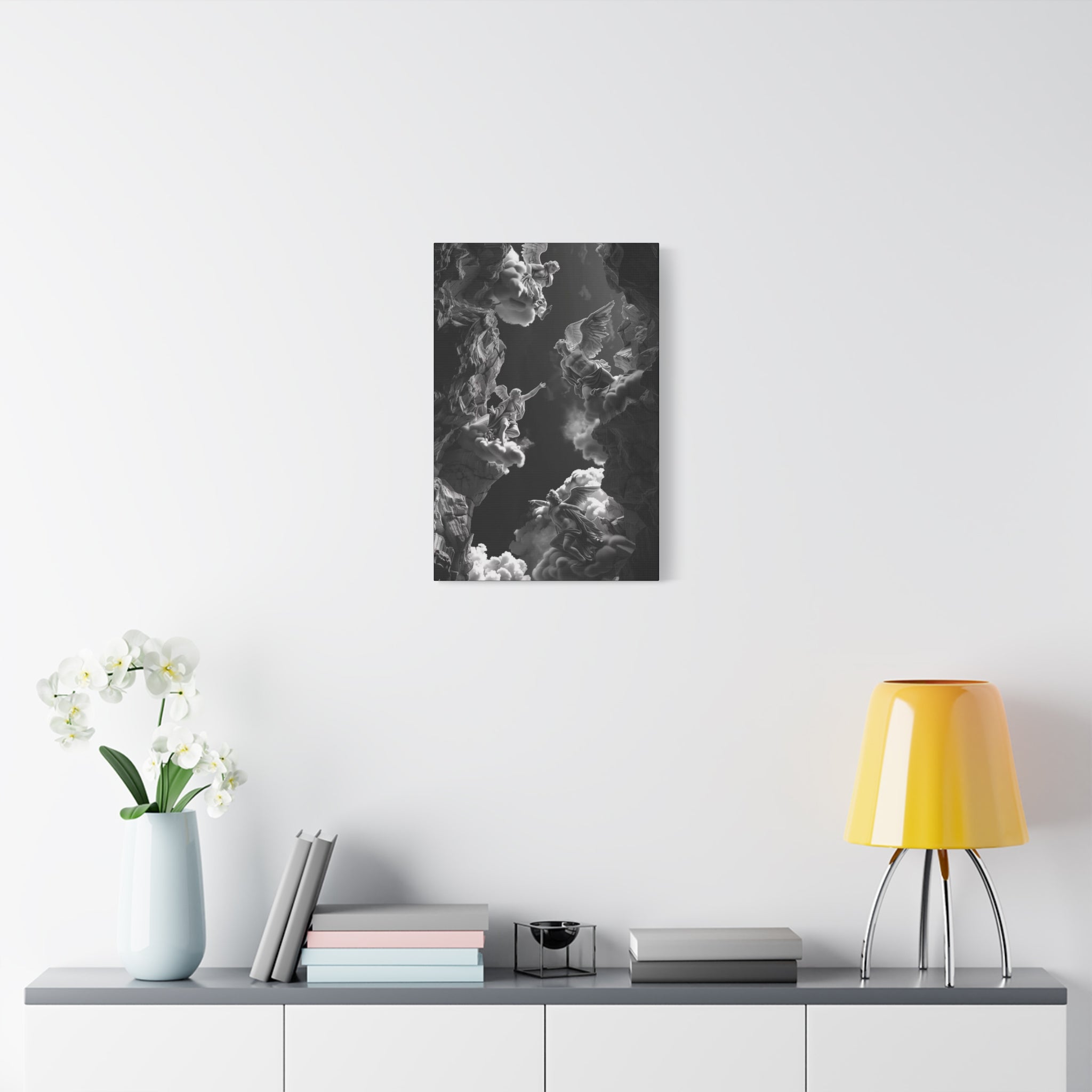 Baroque Angel Scene Matte Canvas Print — Black & White Stretched Wall Art