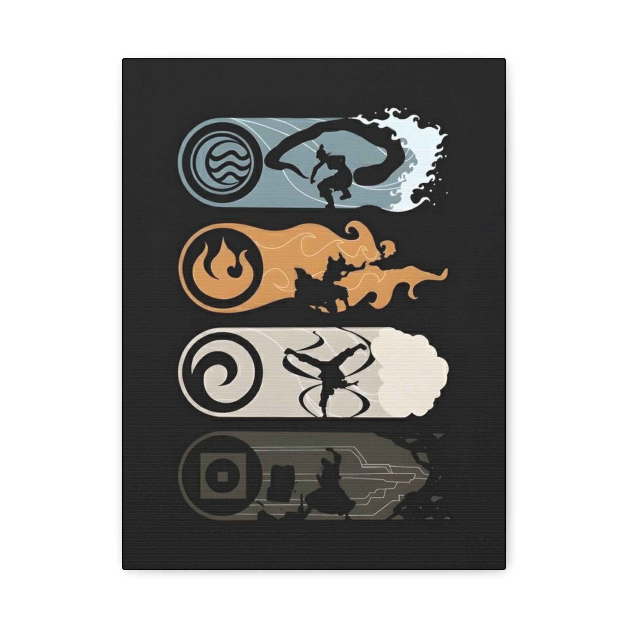 Elemental Avatar Art Canvas — Water, Fire, Air & Earth Silhouette Wall Art