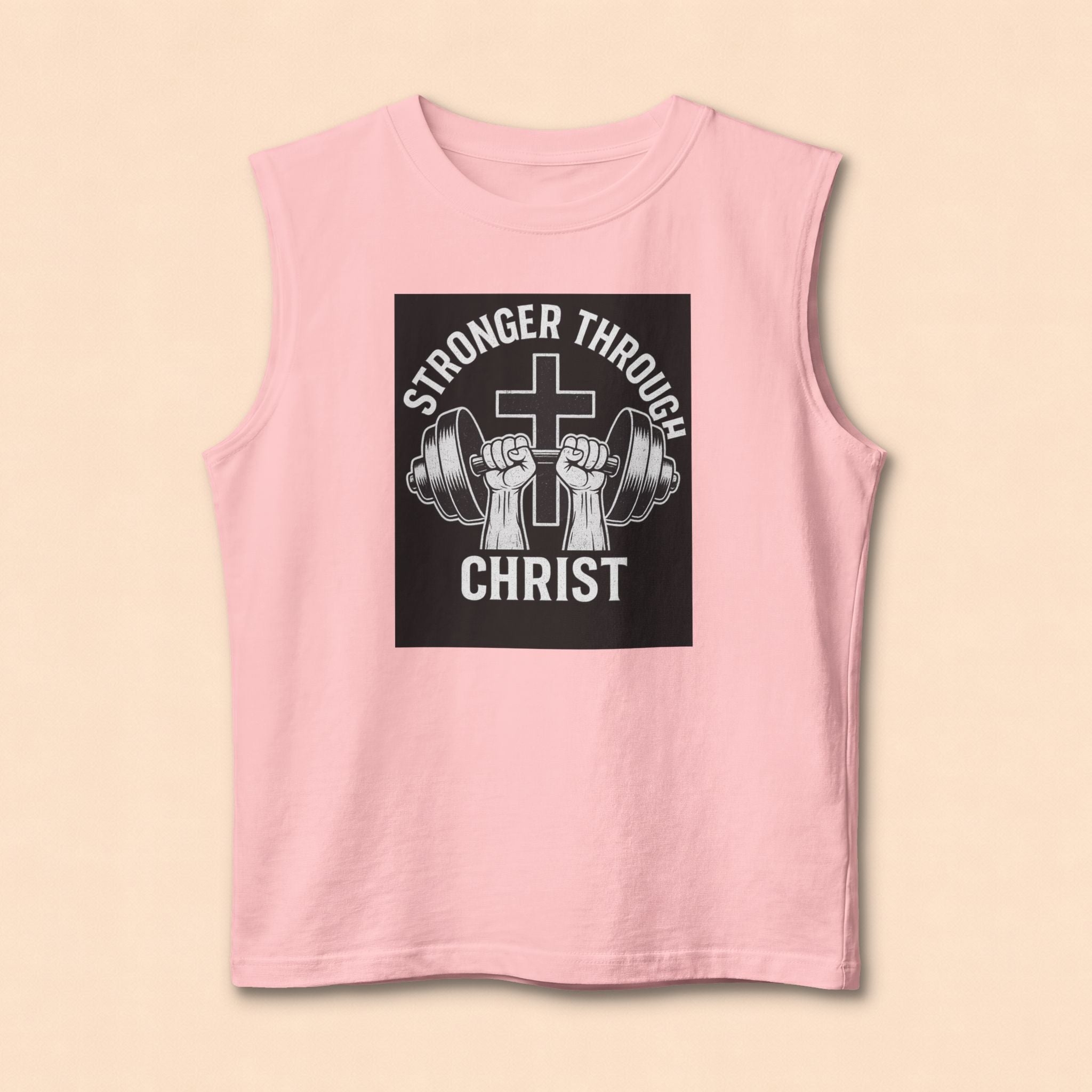 Christian Fitness Muscle Tank — "Stronger Through Christ" Gym Shirt