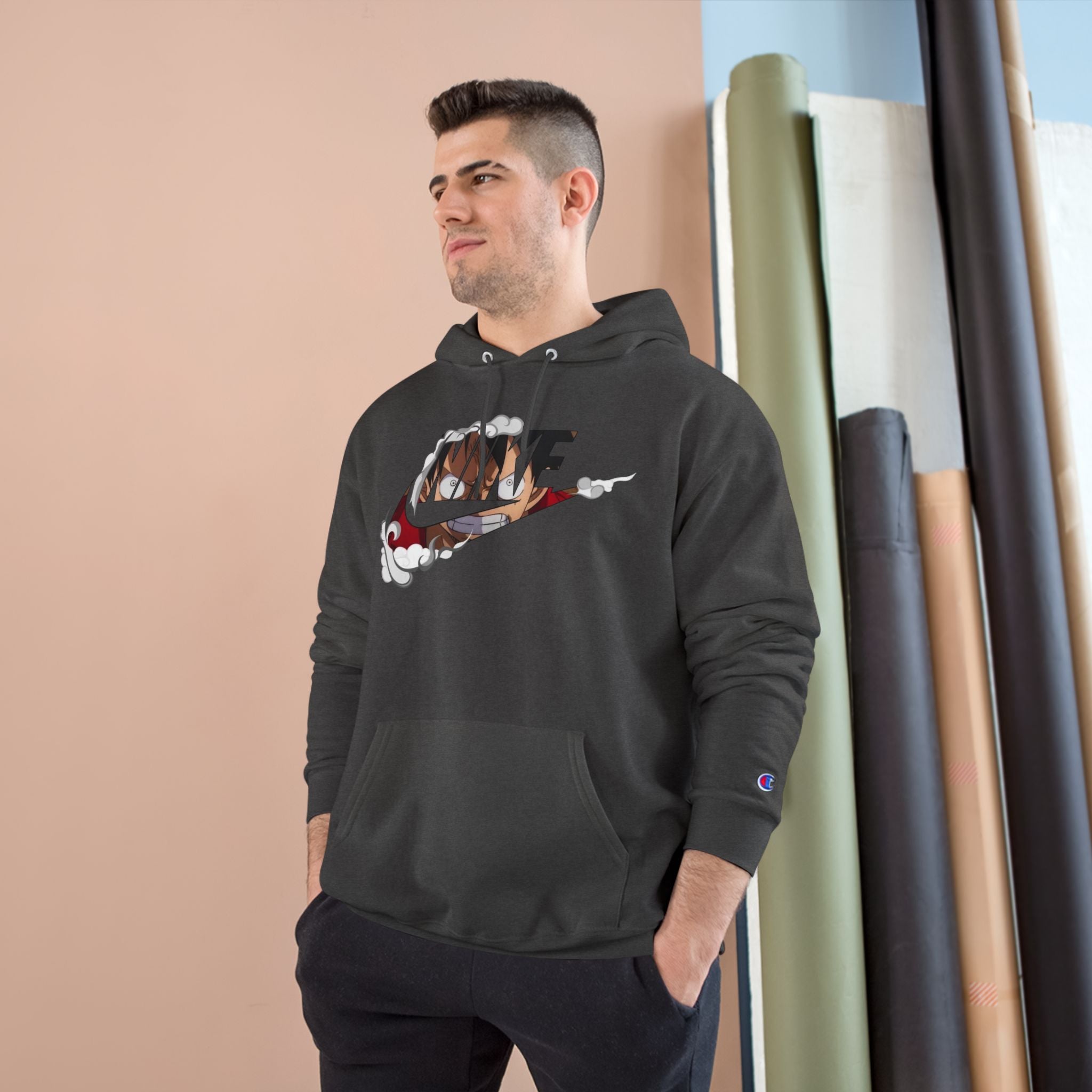 One Piece Luffy Champion Hoodie — White Pullover with Vintage Sports Graphic