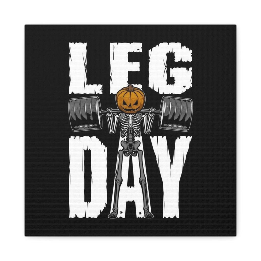 Leg Day Canvas Wall Art — Halloween Skeleton Pumpkin Weightlifting Gym Decor