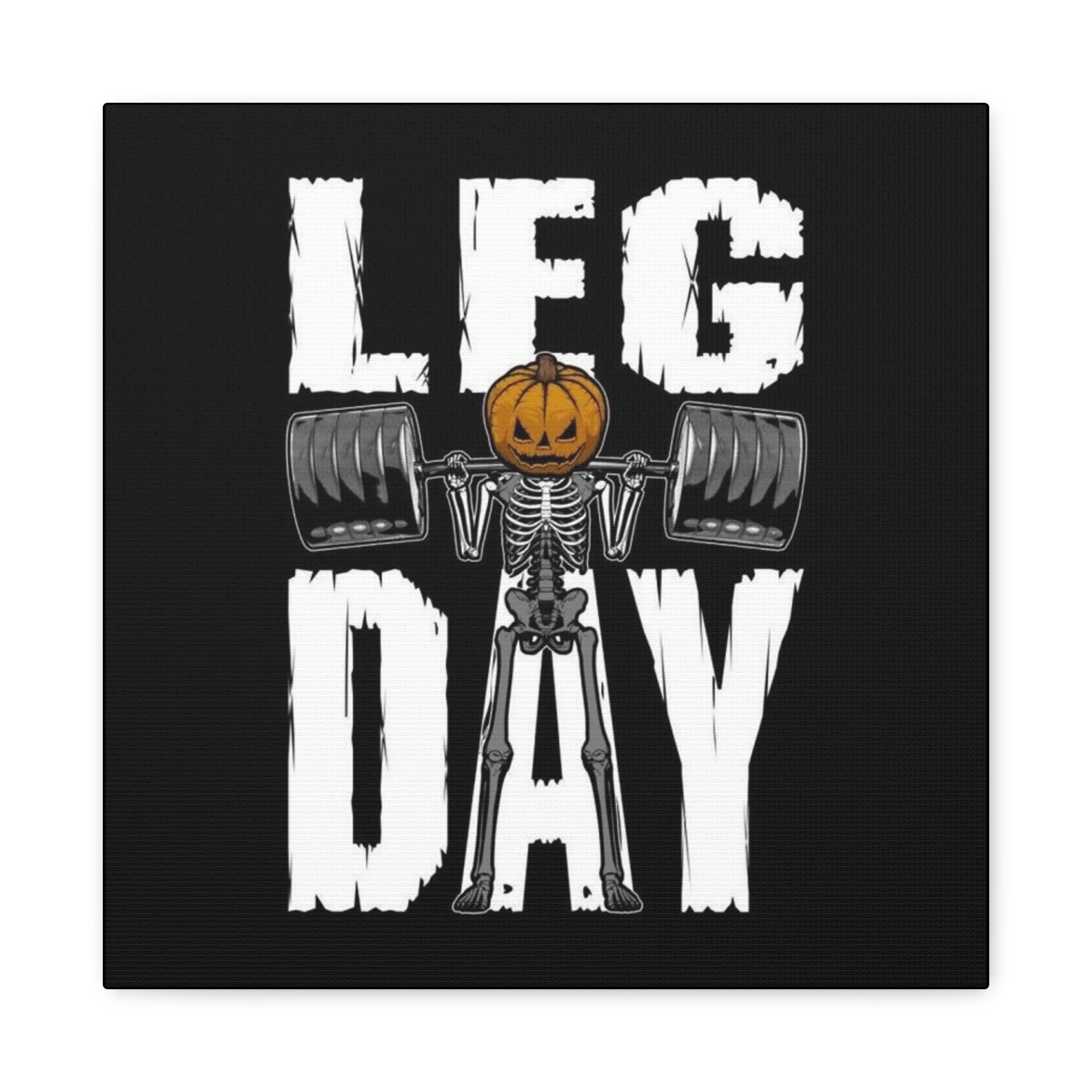 Leg Day Canvas Wall Art — Halloween Skeleton Pumpkin Weightlifting Gym Decor