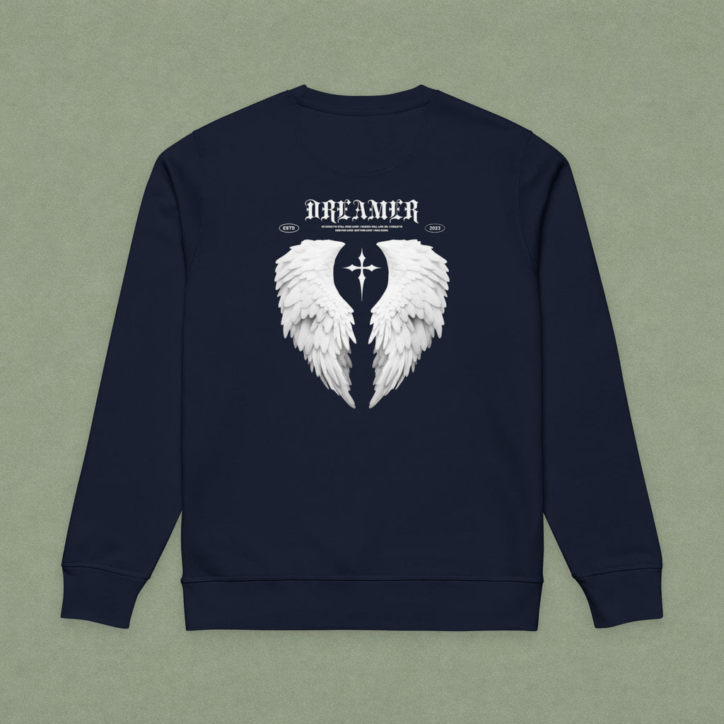 Dreamer Angel Wings Sweatshirt — Blue Feather Back Graphic Crewneck