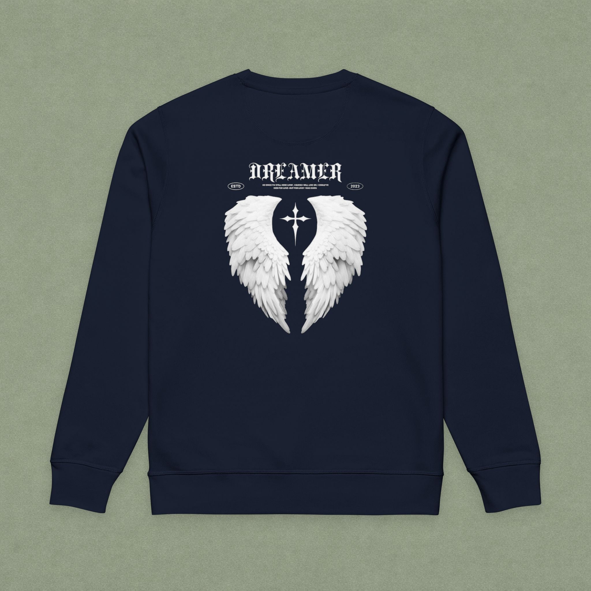 Dreamer Angel Wings Sweatshirt — Blue Feather Back Graphic Crewneck