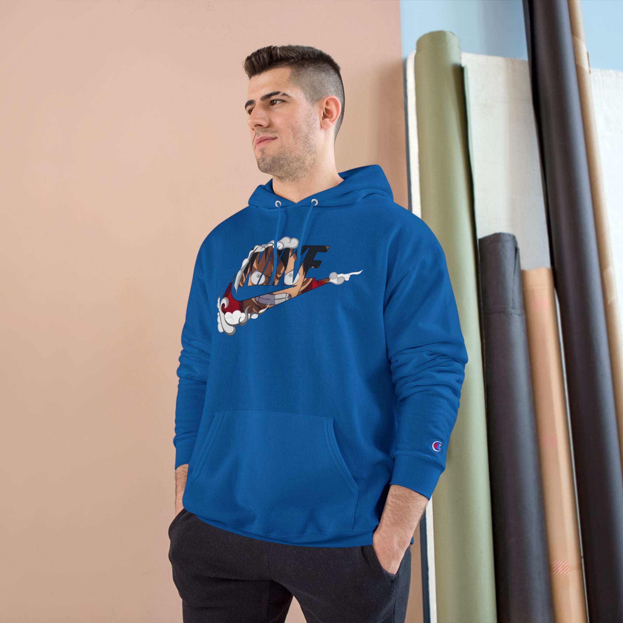One Piece Luffy Champion Hoodie — White Pullover with Vintage Sports Graphic