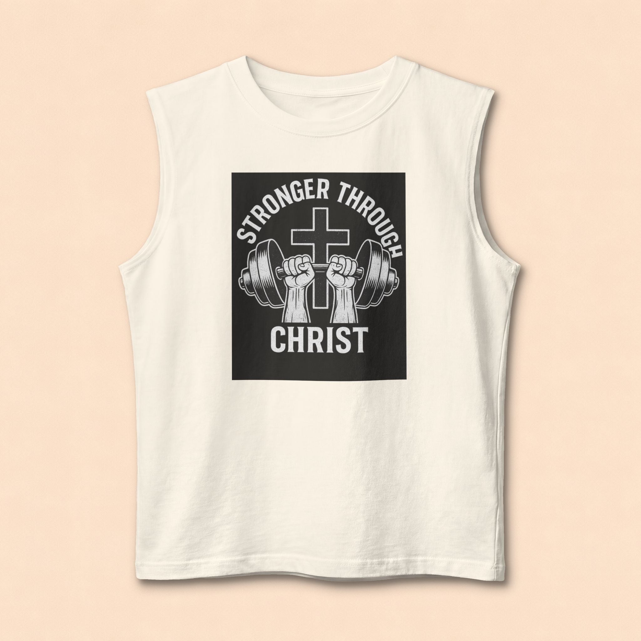Christian Fitness Muscle Tank — "Stronger Through Christ" Gym Shirt