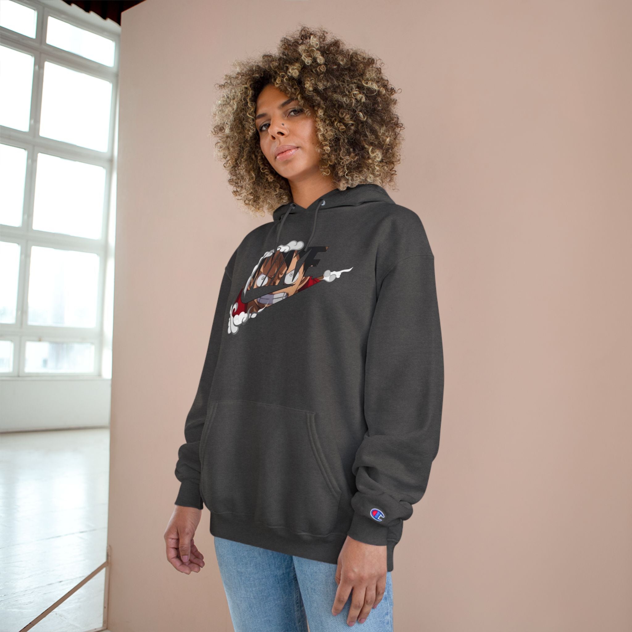 One Piece Luffy Champion Hoodie — White Pullover with Vintage Sports Graphic