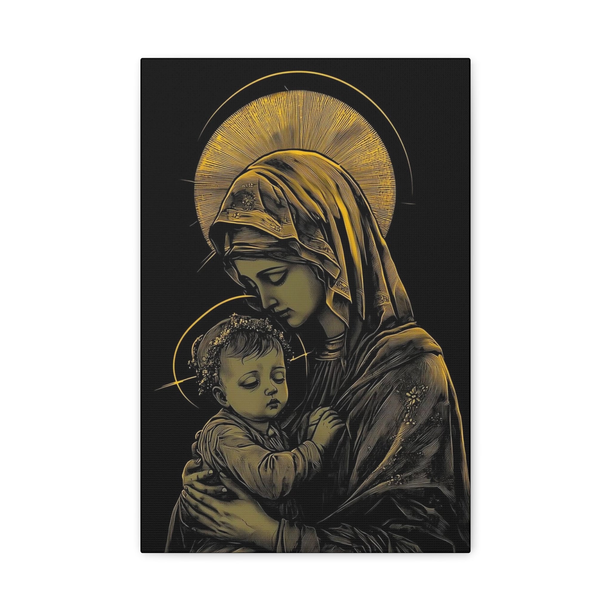 Mary and Jesus - Thick Black and Gold Matte Canvas, Stretched, 1.25"