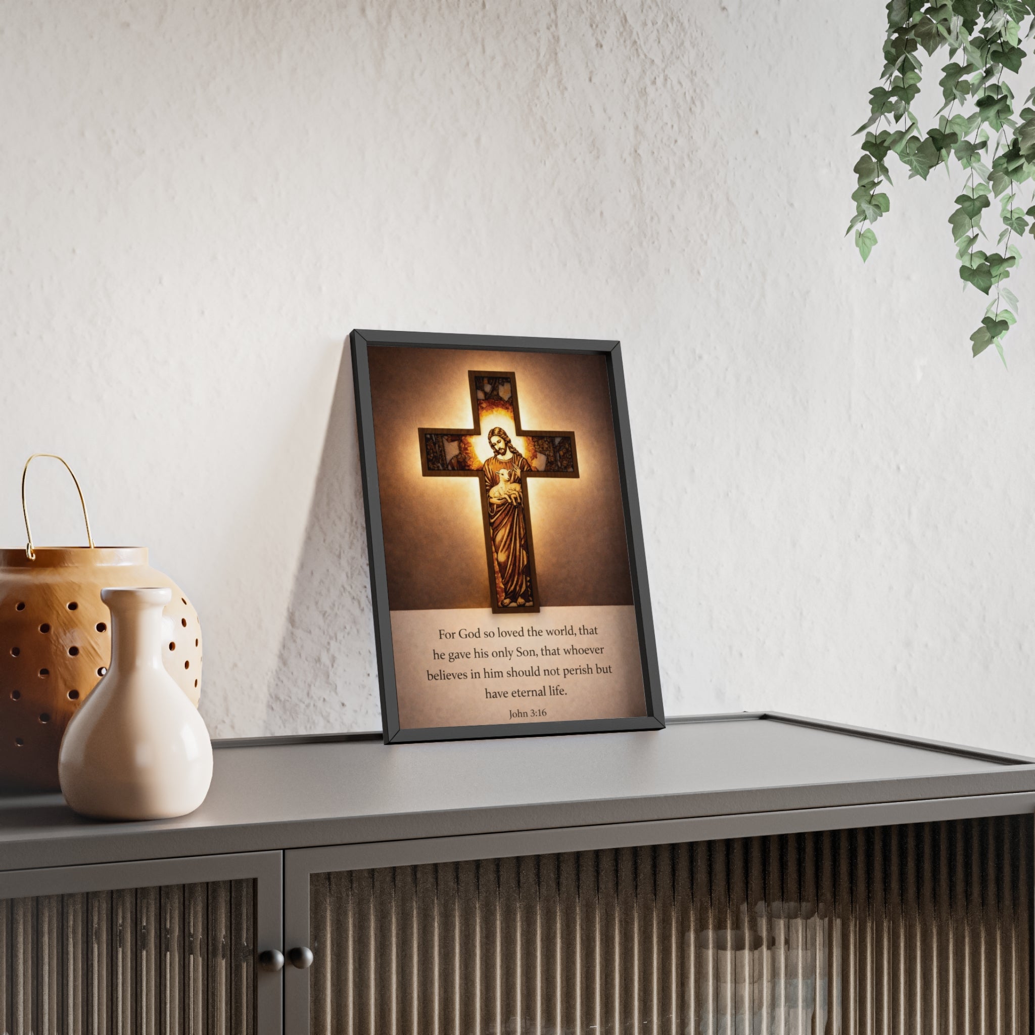 John 3:16 Inspirational Wall Art — Framed Christian Cross Poster