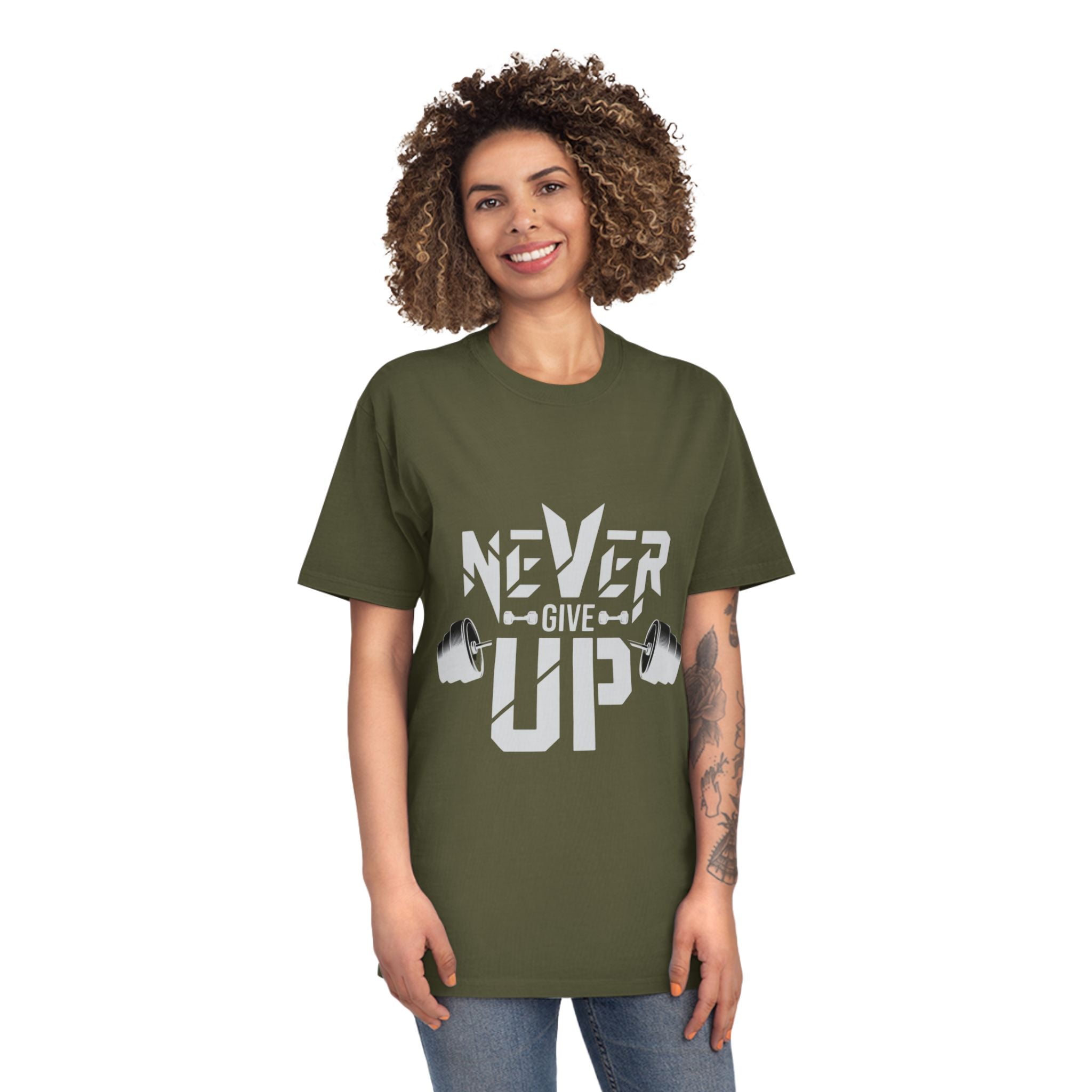Never Give Up Fitness Tee — Motivational Weightlifting T‑Shirt