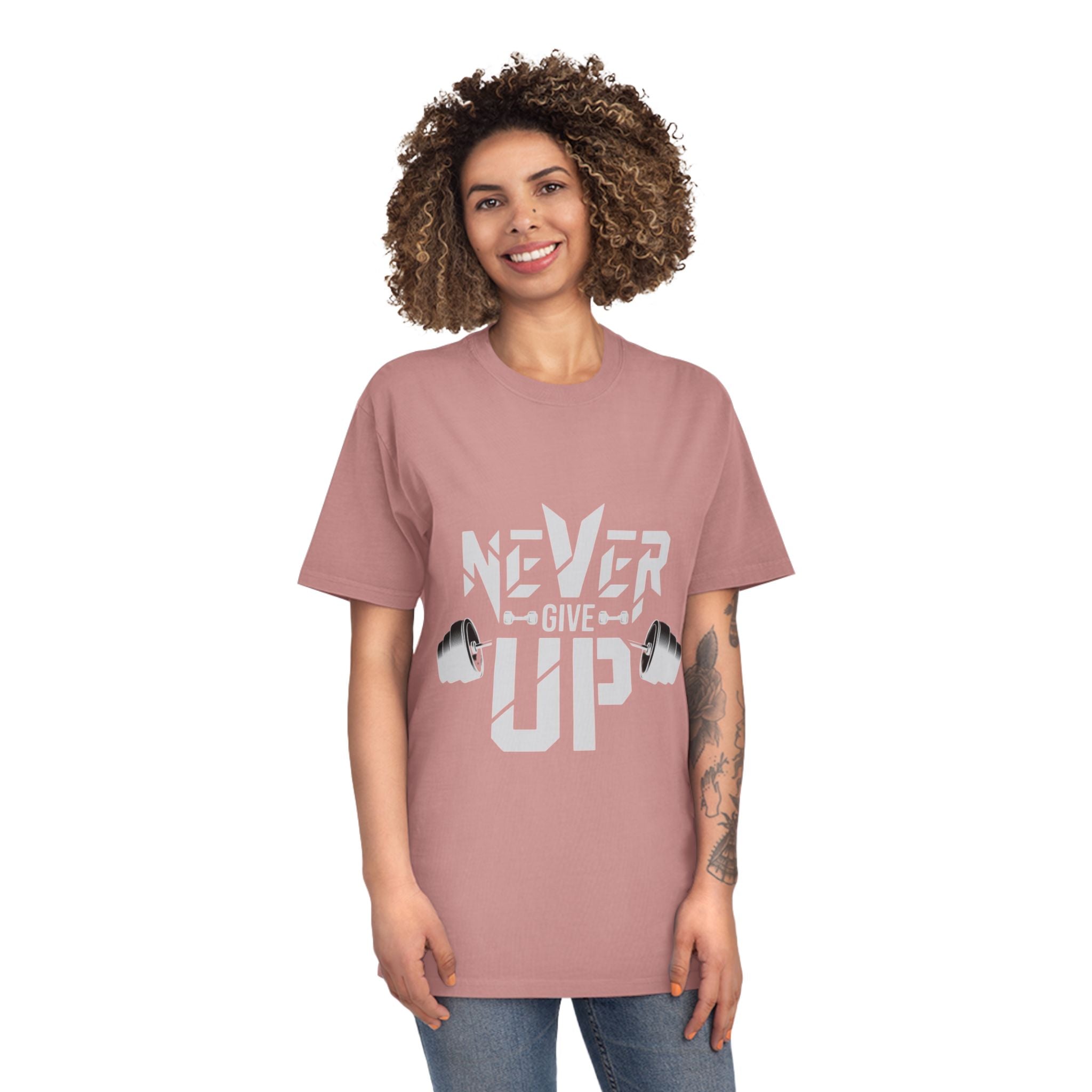 Never Give Up Fitness Tee — Motivational Weightlifting T‑Shirt